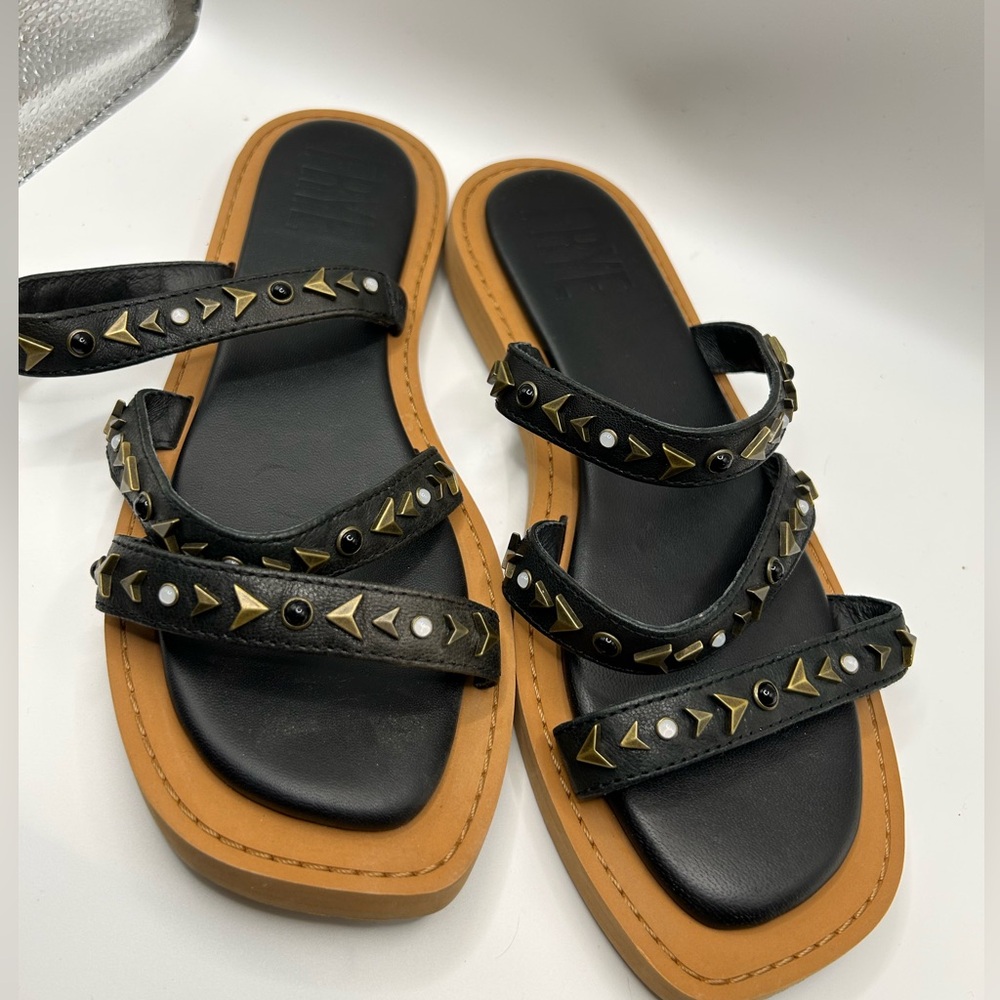 Frye Studded Black Leather Sandals‎ 6.5M • Boho Luxe • Strappy Slide - Picture 5 of 9